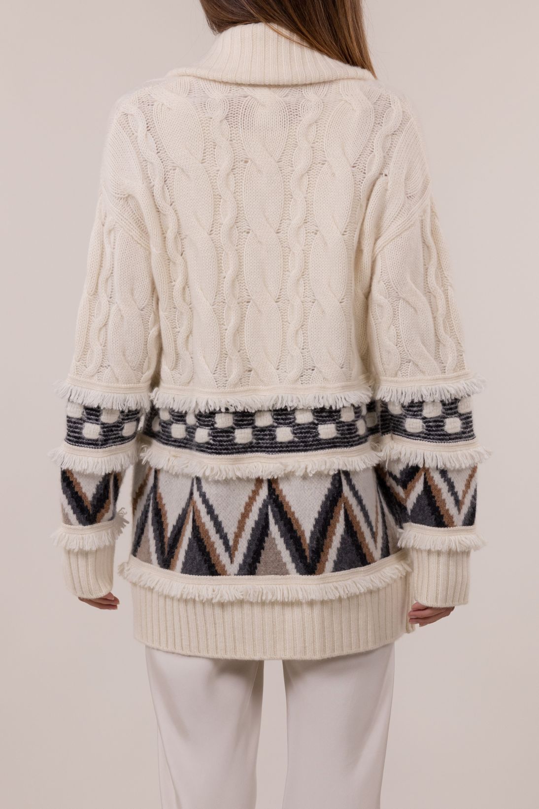 JACQUARD FRINGE CABLE CARDIGAN