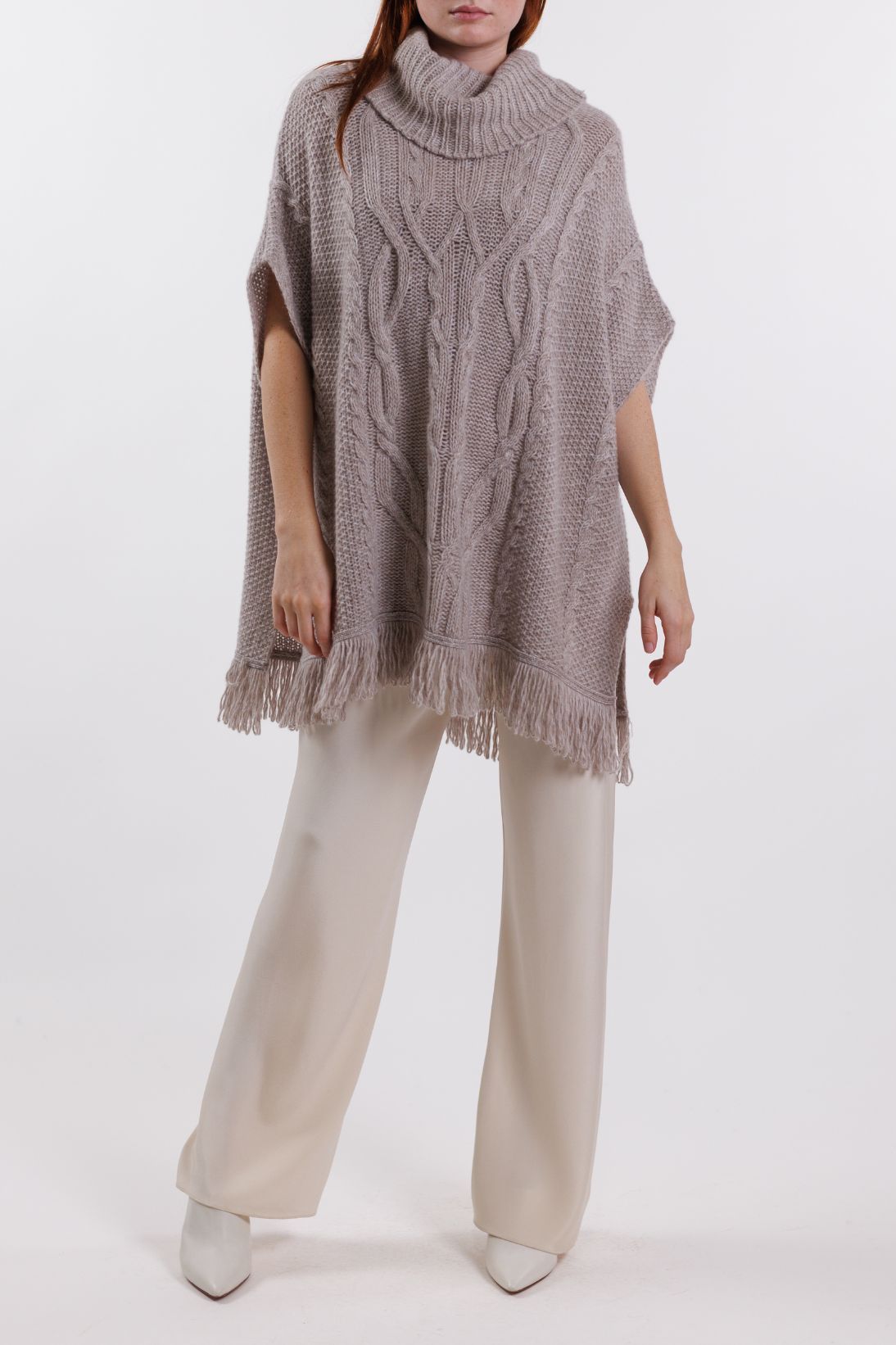 Women's Cable Fringe Poncho TSE - Main Image