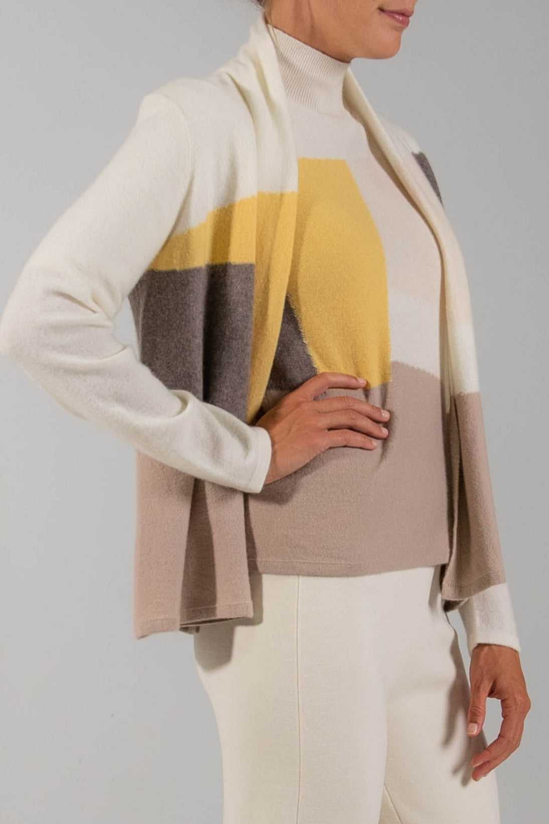 CASHMERE COLOR BLOCK CARDIGAN - WALNUT