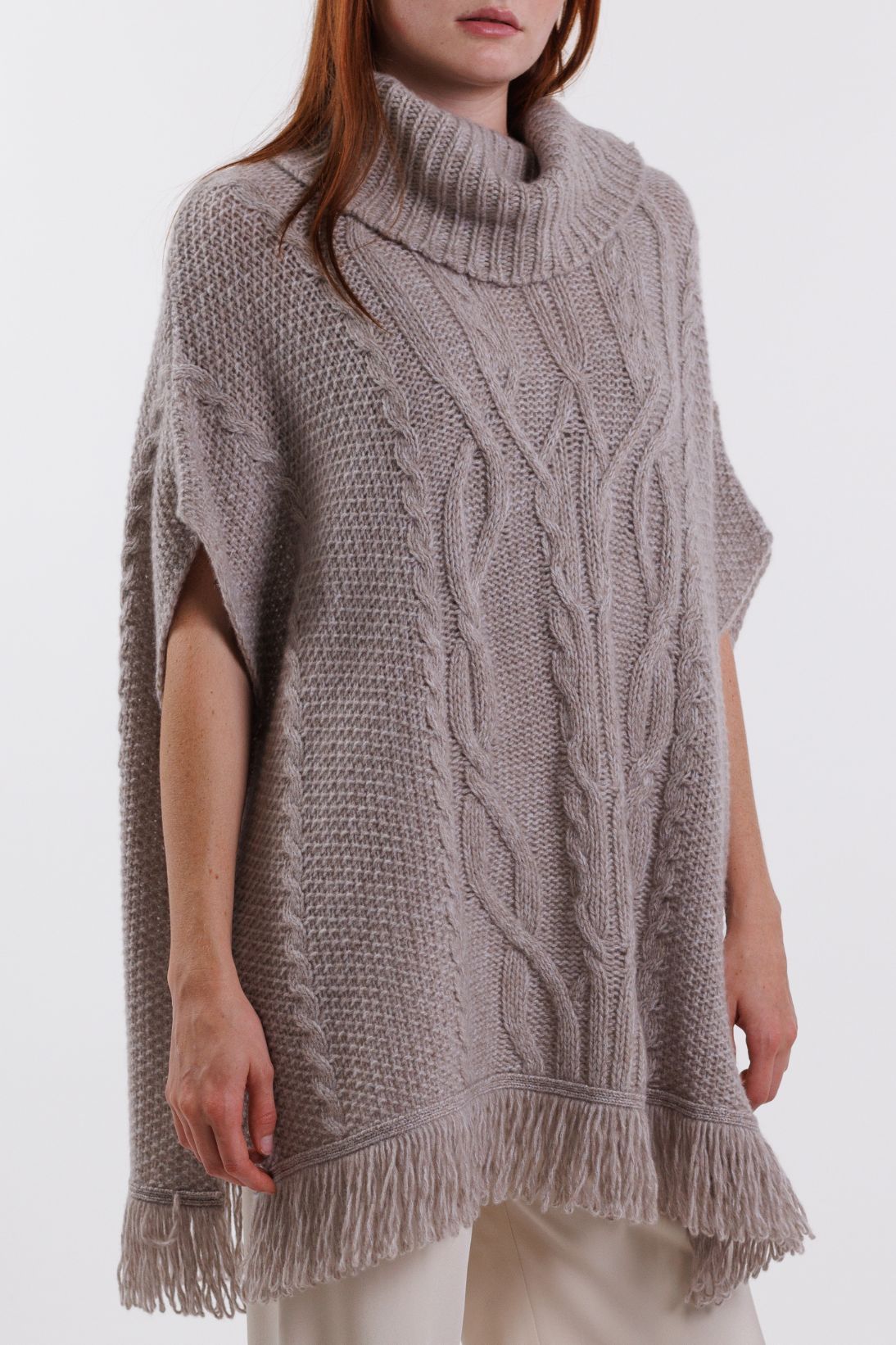 Two-Tone Cable-Knit Poncho # P054 - High Fashion Trading